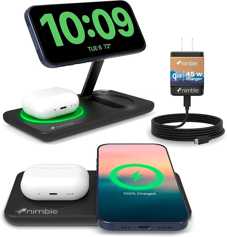 Estación de carga inalámbrica 2 en 1 Podium, certificación Qi2, cable USB-C | Soporte de cargador rápido Magsafe de 25 W, compatible con iPhone 17/16/15/14 y Airpod Series (adaptador de 45 W y USB-C incluidos)