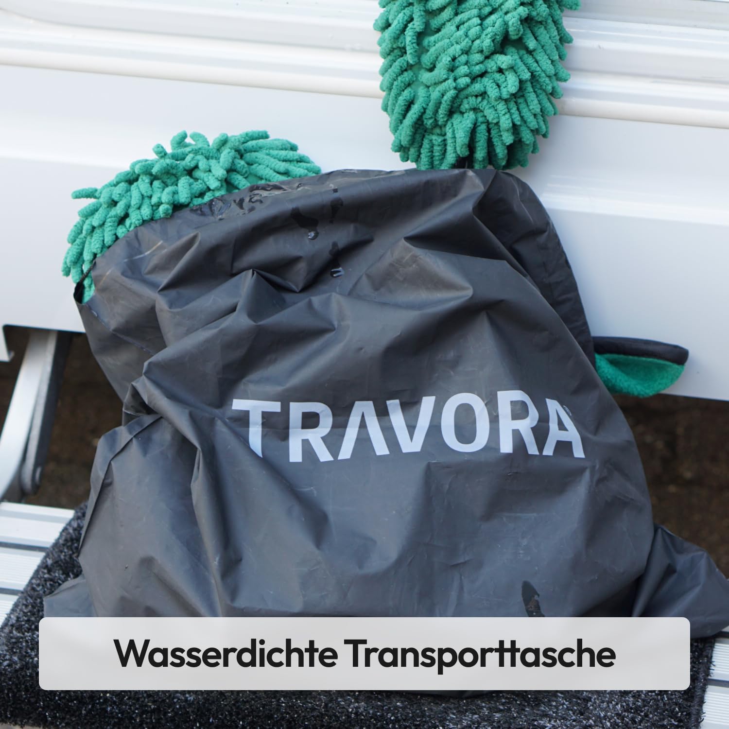 Premium Camper & Auto Reinigungsset - 7-teiliges Caravan- und Autopflege Set für außen inkl. Teleskopbürste, Waschbürstenüberzug, Felgenbürste, Schwamm, Microfasertuch, Wischer & Tasche