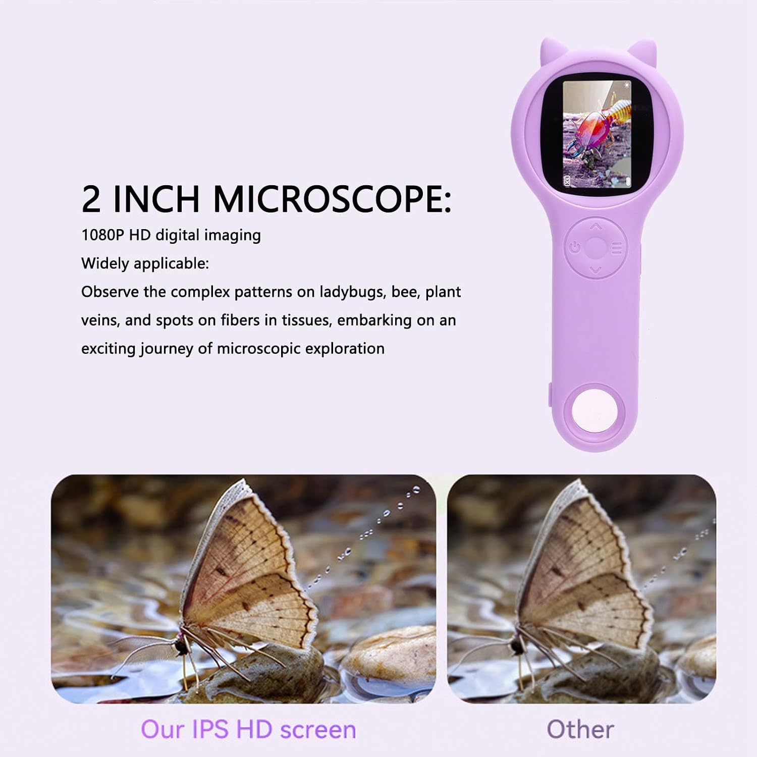 Handheld Digital Microscope for Kids, Microscope 2" Screen Dual Lens 100X Magnification & 4X Adjustable Zoom Photo Video Recording for Kids Outdoor Exploration (Purple)