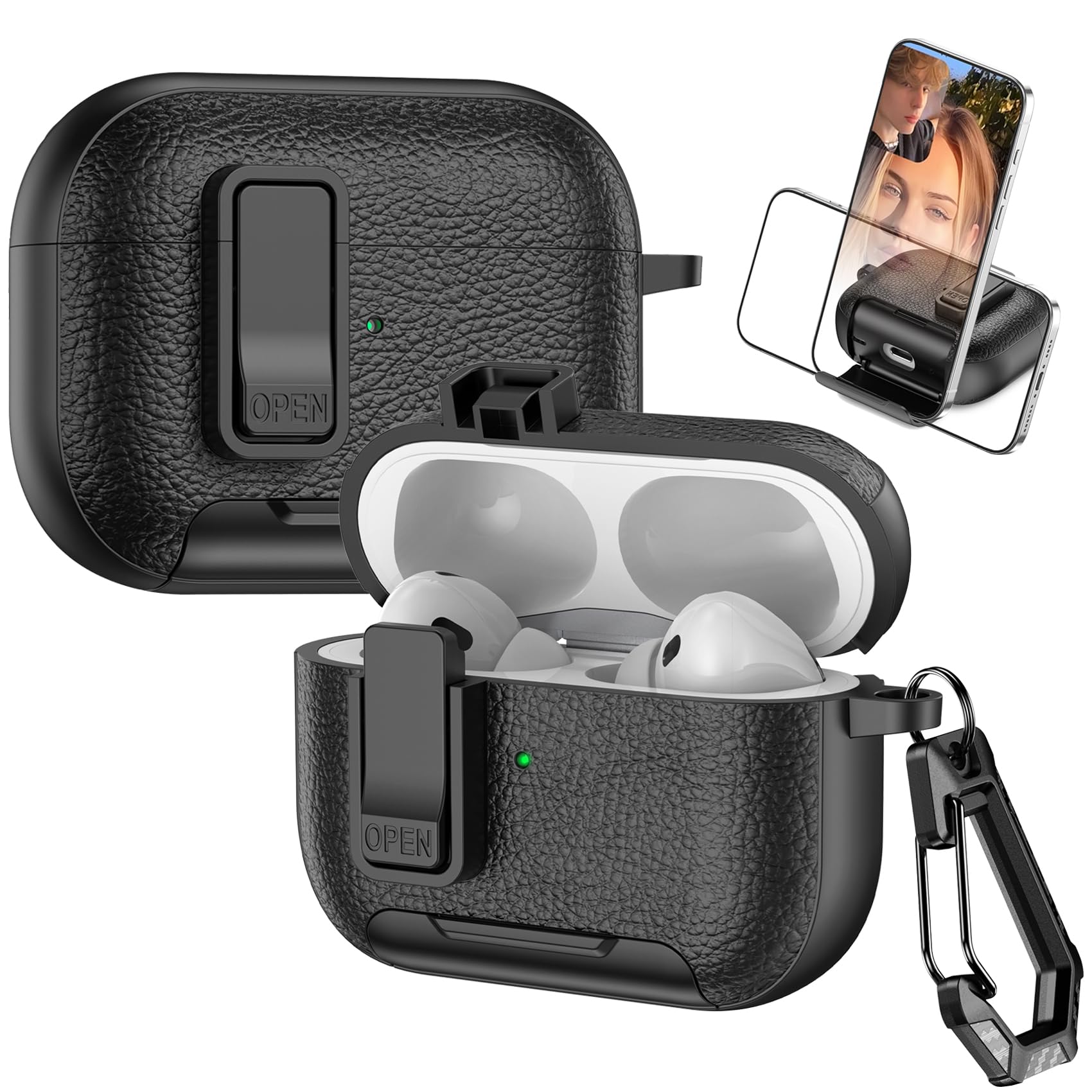 Fofvccv for AirPods Pro 2nd / 1st Lock Clip Leather Case with Carabiner, Support Wireless Charge with Stand Rugged Protection Cover for AirPods Pro 2,