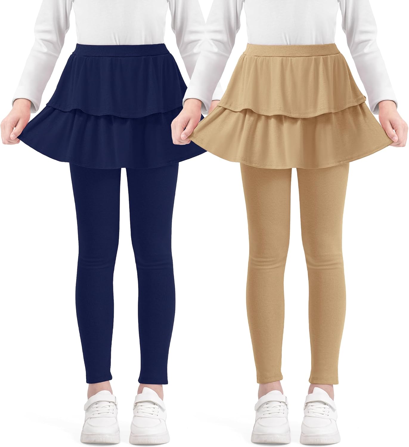 Girls Leggings with Skirts School Uniform Athletic Stretchy Tutu Pants Kids Warm Ruffle Clothes 2-Pack