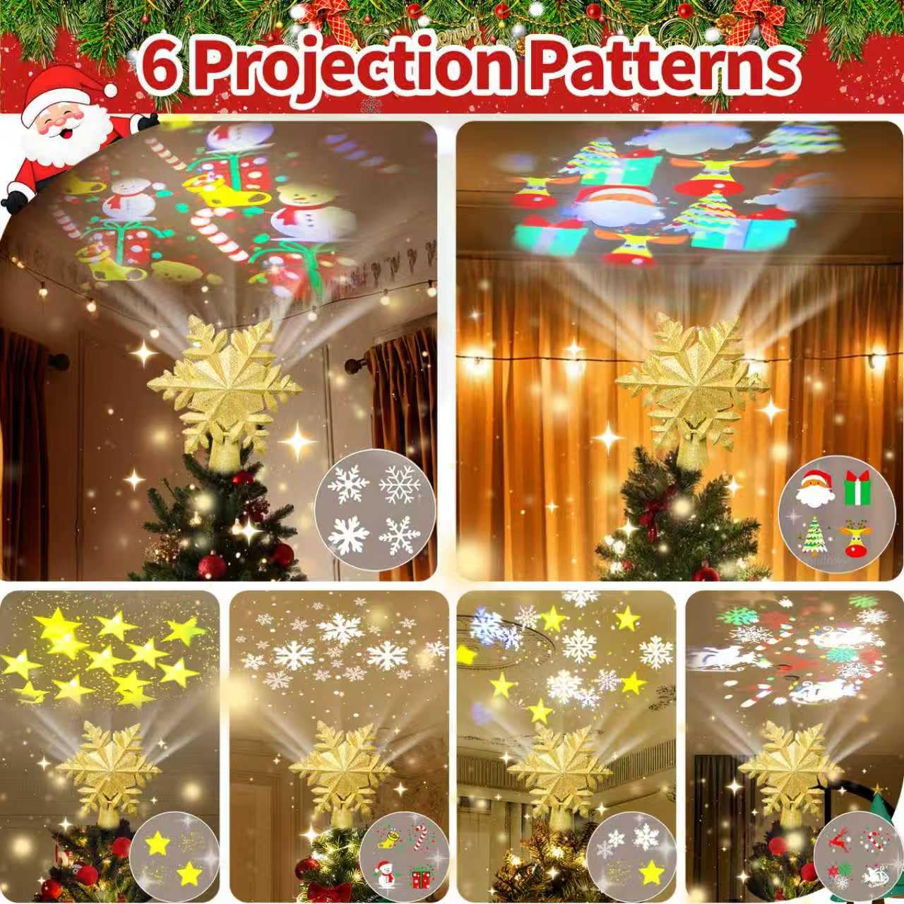 Puntale per albero di Natale dorato con 6 modelli di proiezione con fiocchi di neve dorati, con cavo di 3 m, per interni, ufficio, Natale, Capodanno (5,0 V, 1,0 A)