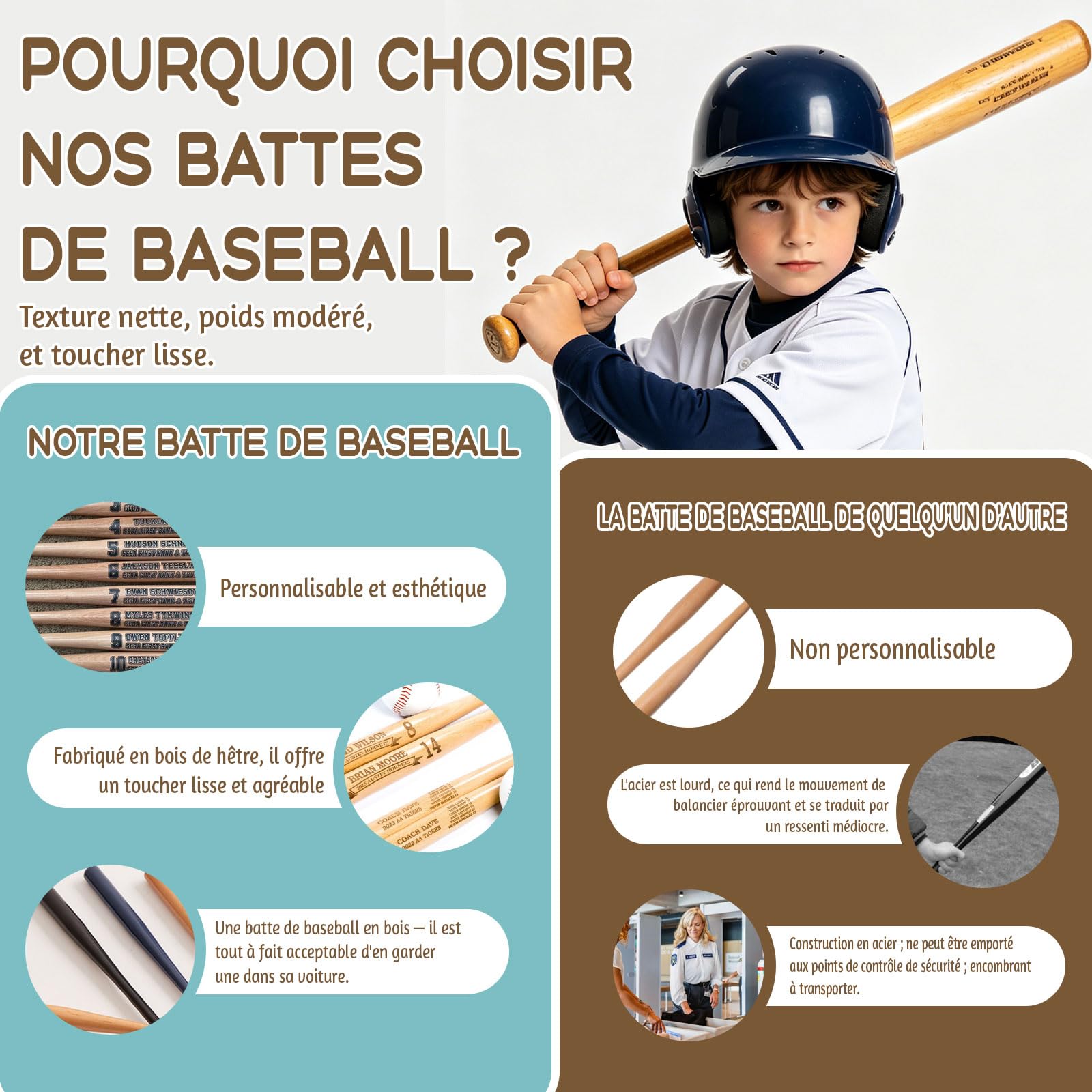 Mini Batte de Baseball Personnalisée 18 Pouces – Gravure Nom, Numéro & Logo, Petit Batte en Bois Cadeau Little League