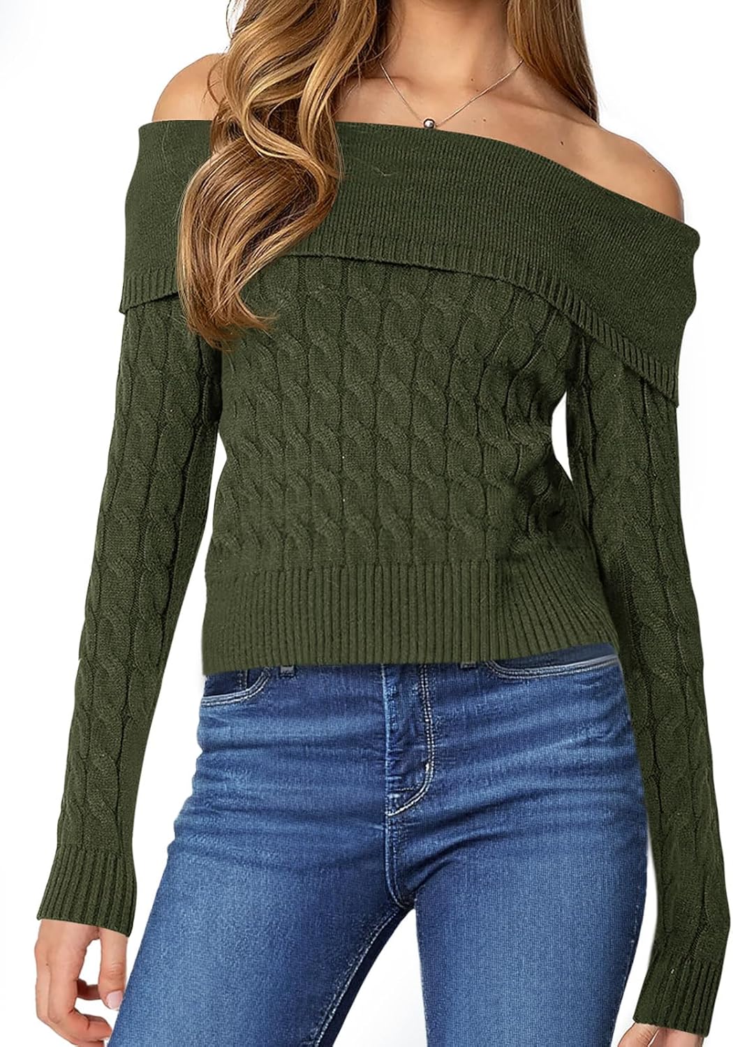 Saodimallsu Womens Off The Shoulder Sweaters Cable Knit Long Sleeve Sexy Fitted Fall Dressy Going Out Pullover Tops - Image 2