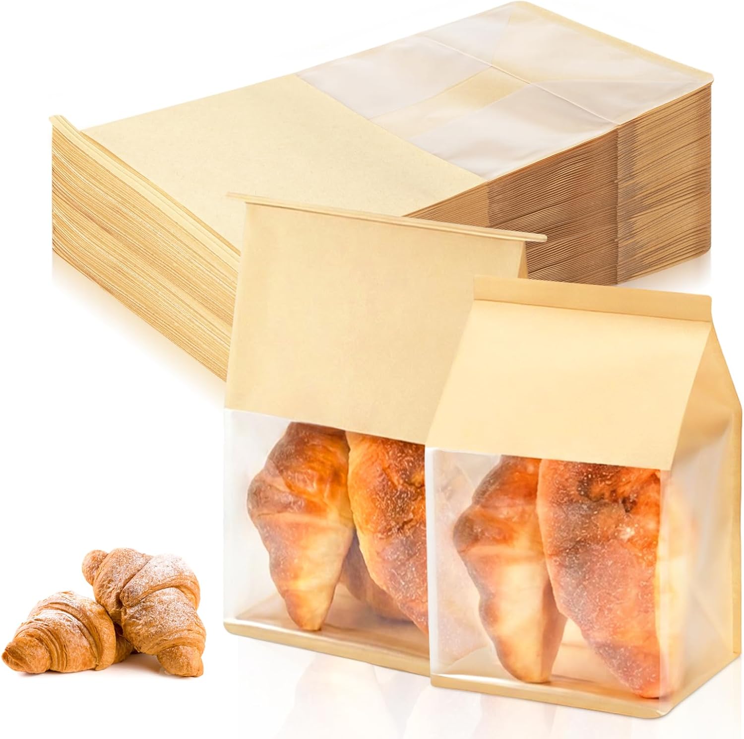 150 Pack Kraft Paper Bakery Bags with Window, 5.1x6.3x10.2 Inches Tin Tie Tab Lock Resealable Bread Bags for Homemade Sourdough, Cookies, and Pastry Packaging