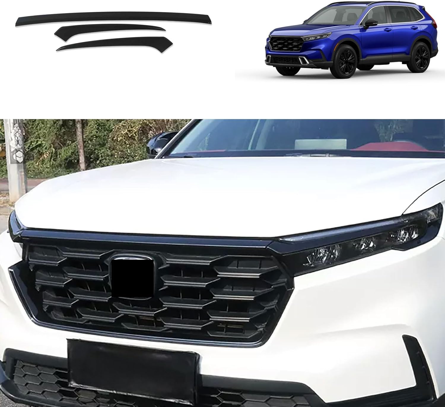 Car Accessories Compatible With Honda New CRV CR-V 2023 2024 2025 2026 Exterior Front Bumper Hood Grill Grilles Mesh Frame Cover Trims ABS 3PCS(Carbon Fiber Style)