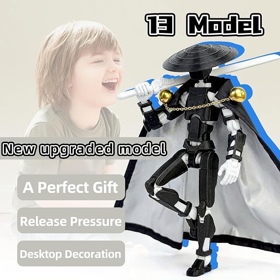 Robo 13 3D Printed Action Figure, Assembled Lucky Figure Toy | Poseability Dummy Figure with Cloak and Weapon, No Assembly Required, Upgraded Joint Design, Heavy Play, Black, White