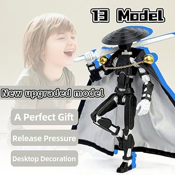 Robo 13 3D Printed Action Figure, Assembled Lucky Figure Toy | Poseability Dummy Figure with Cloak and Weapon, No Assembly Required, Upgraded Joint Design, Heavy Play, Black, White