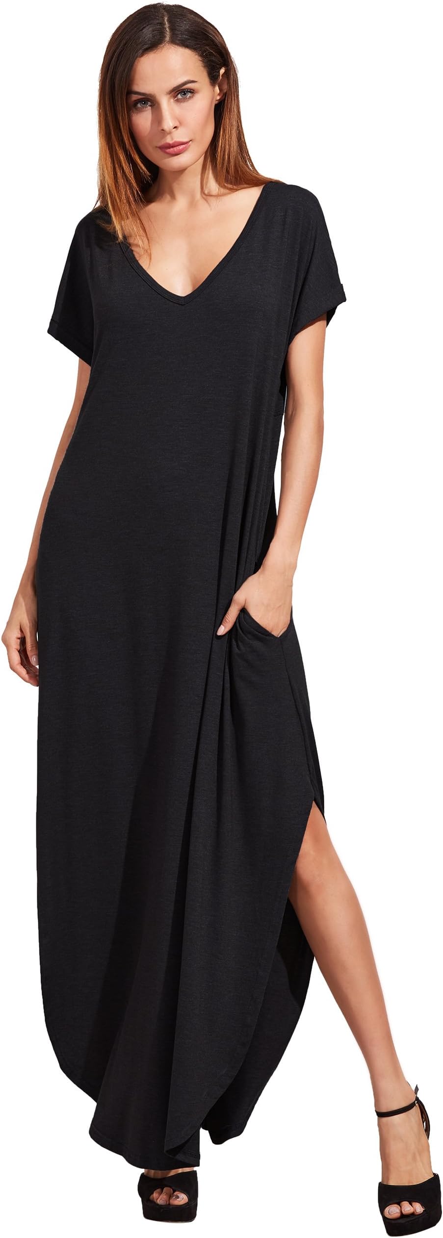 Women's V Neck Side Pockets Split Hem Beach Long Maxi Dress