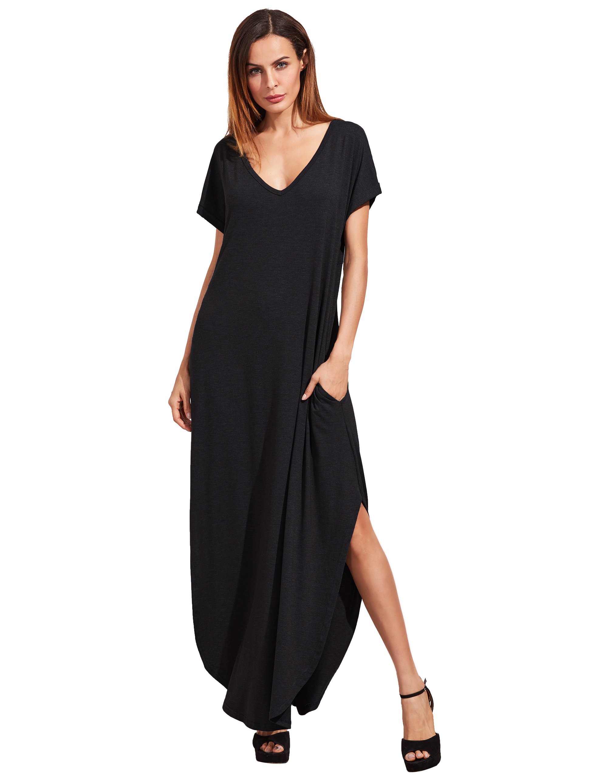 Women's V Neck Side Pockets Split Hem Beach Long Maxi Dress