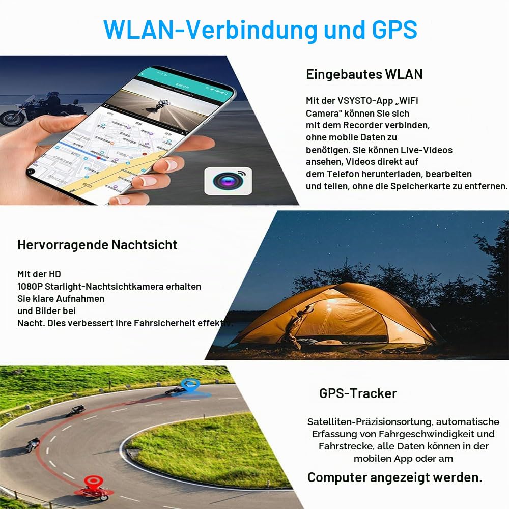 VSYSTO Fahrrad Rückfahrkamera, Lenker Fahrrad Spiegel 4'' Bildschirm WiFi HD 1080P Front und Heck und Selfie Kamera DVR mit Reifendrucksensoren GPS Telefon Assistant Mode Temperatursensor(Schwarz-F3K)
