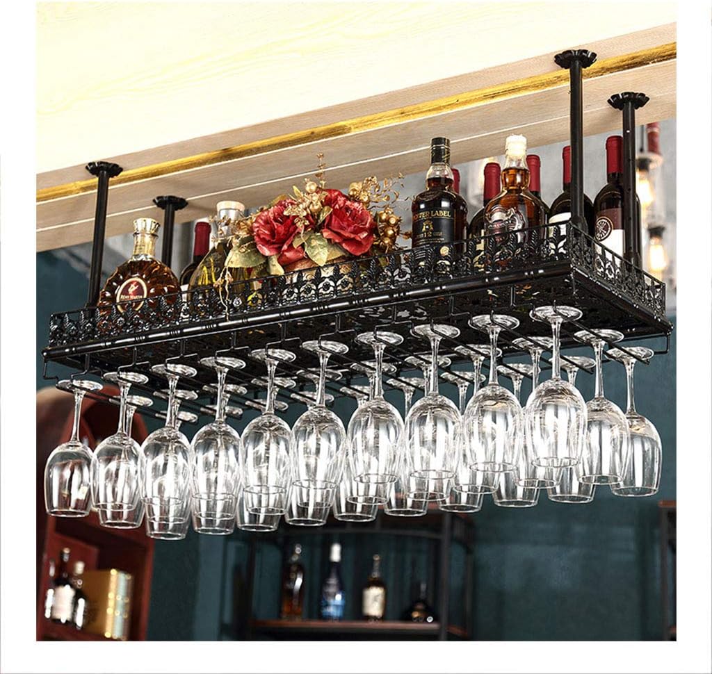 Ceiling Mounted Wine Rack with Hanging Wine Glass Storage Shelf Vintage Home Decor nizer for Wine Bottles and Stemware (60x35x42cm)