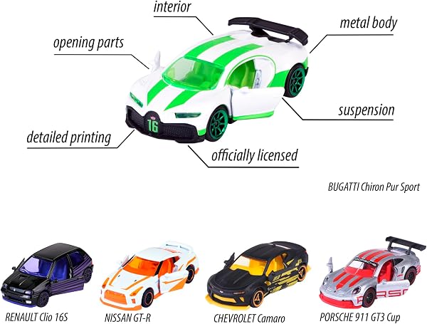 Majorette Auto-Set Limited Edition 10 - Geschenkset mit 5 Modellautos (Renault, Porsche, Nissan, Bugatti, Chevrolet), Autos aus Metall mit Freilauf, je 7,5 cm, für Kinder ab 3 Jahre - 4