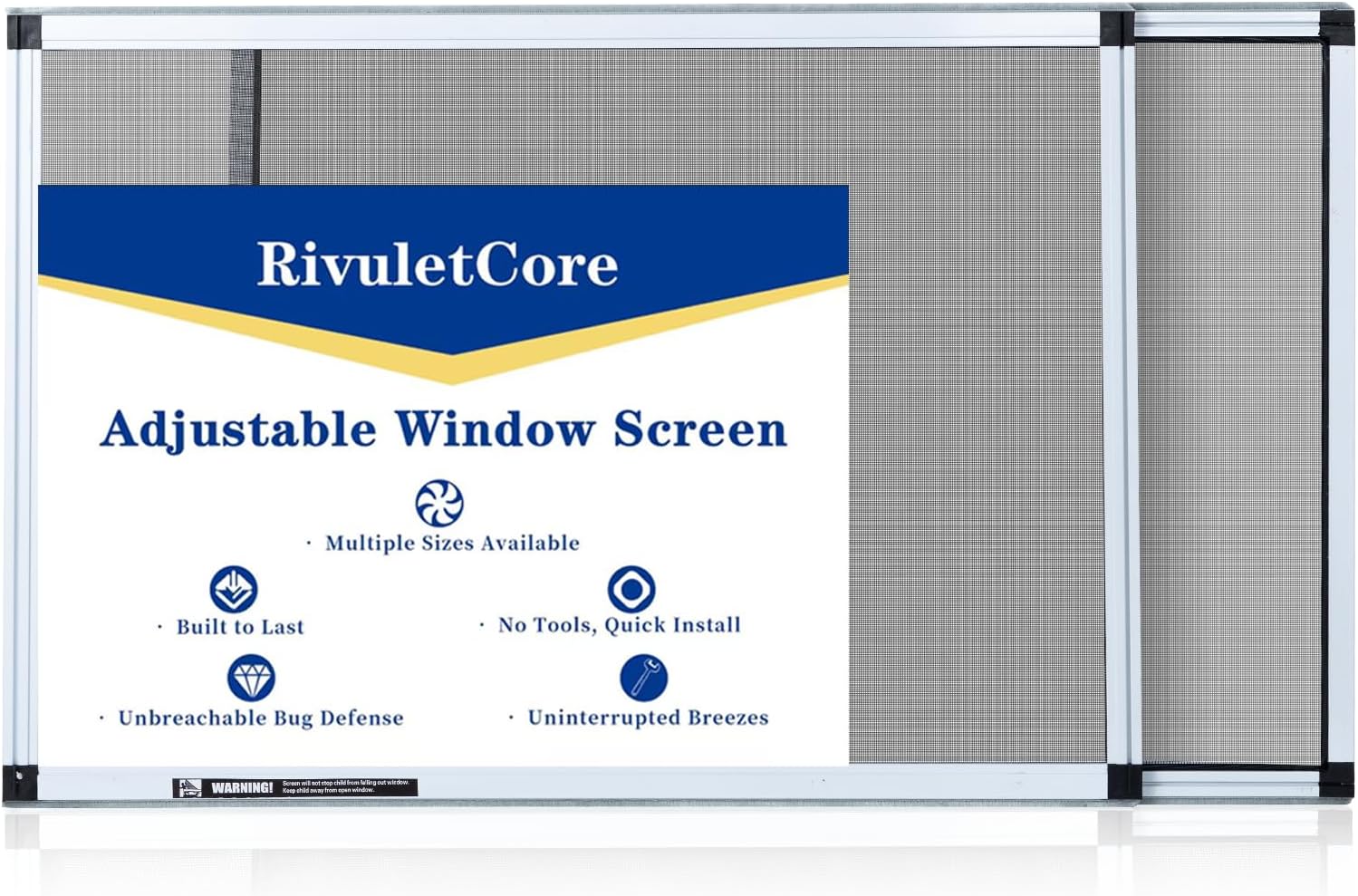 RivuletCore Expandable Window Screen Replacement (18" H x 25-49" W) - Adjustable Aluminum Frame, Tool-Free Install for Sliding Windows
