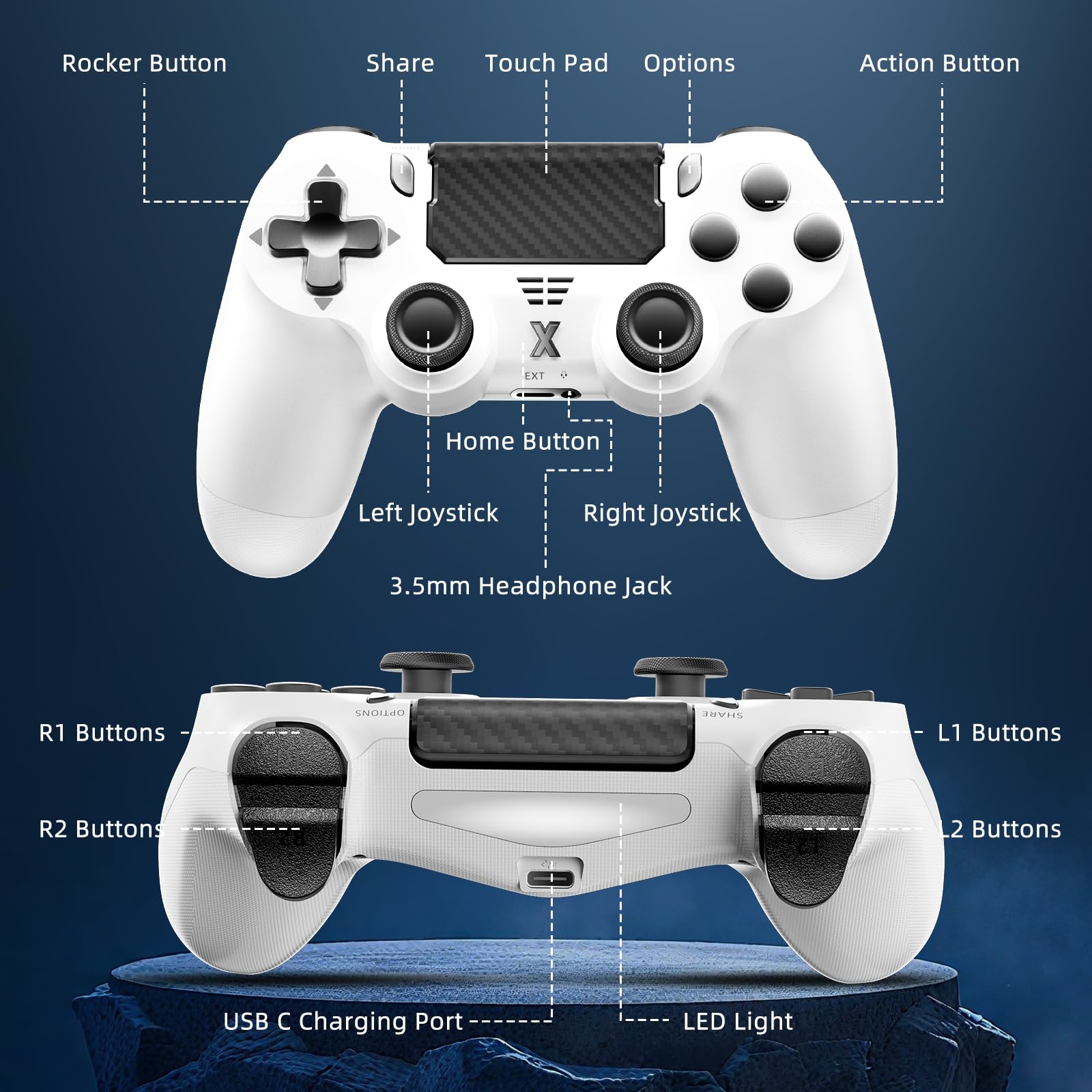 Glitfix Wireless Controller, Upgraded Controller Wireless for PS-4/Slim/PC, Bluetooth Gamepad Joystick with Dual Vibration/Touch Panel/ 3.5mm Audio Jack/Six-Axis/Ergonomic (White) — view 7