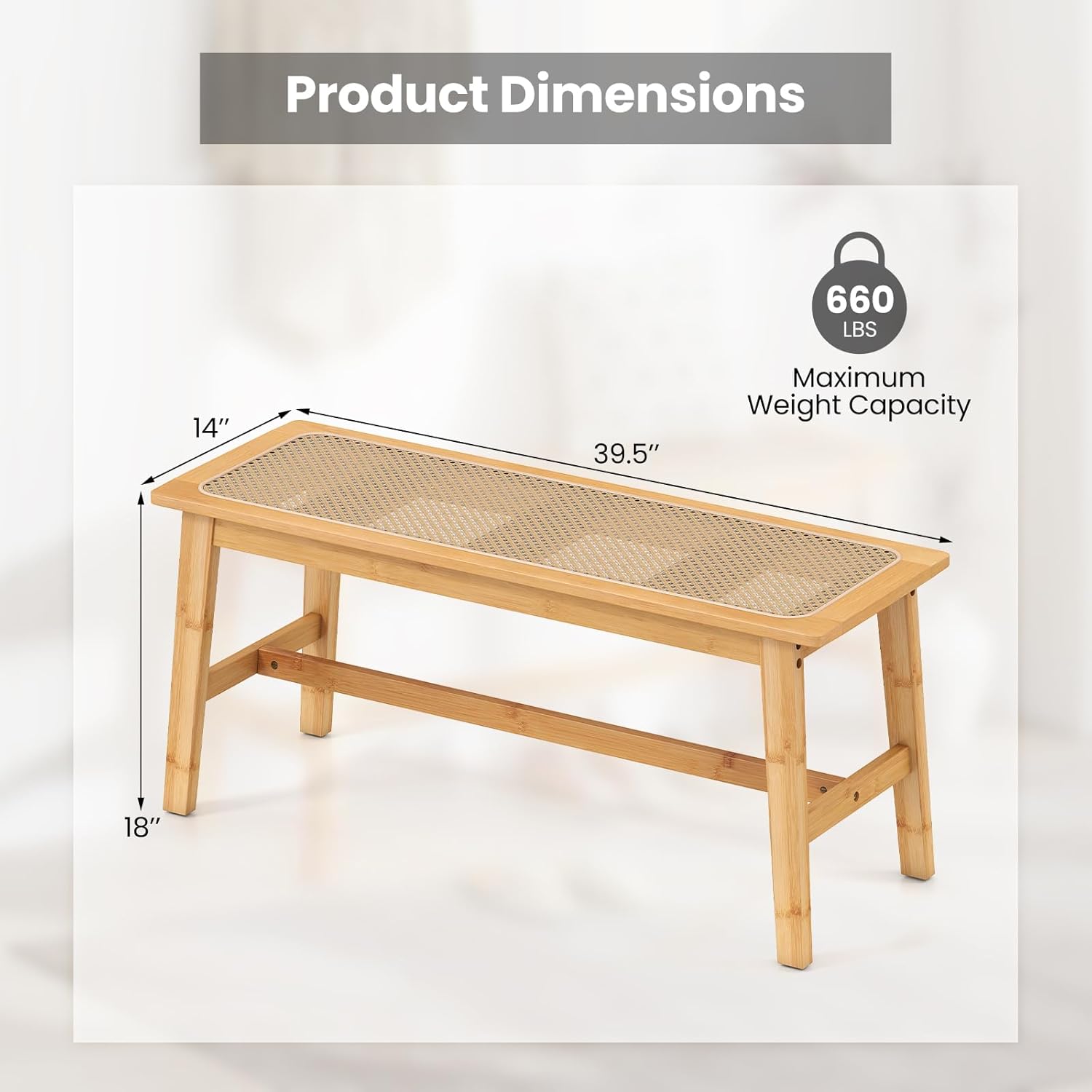 GOFLAME 39.5” Bamboo Dining Bench with Rattan Seat, Farmhouse End of Bed Bench for Bedroom, Boho Accent Bench Seat for Entryway, Living Room, Dining Room, 660 LBS Load Capacity