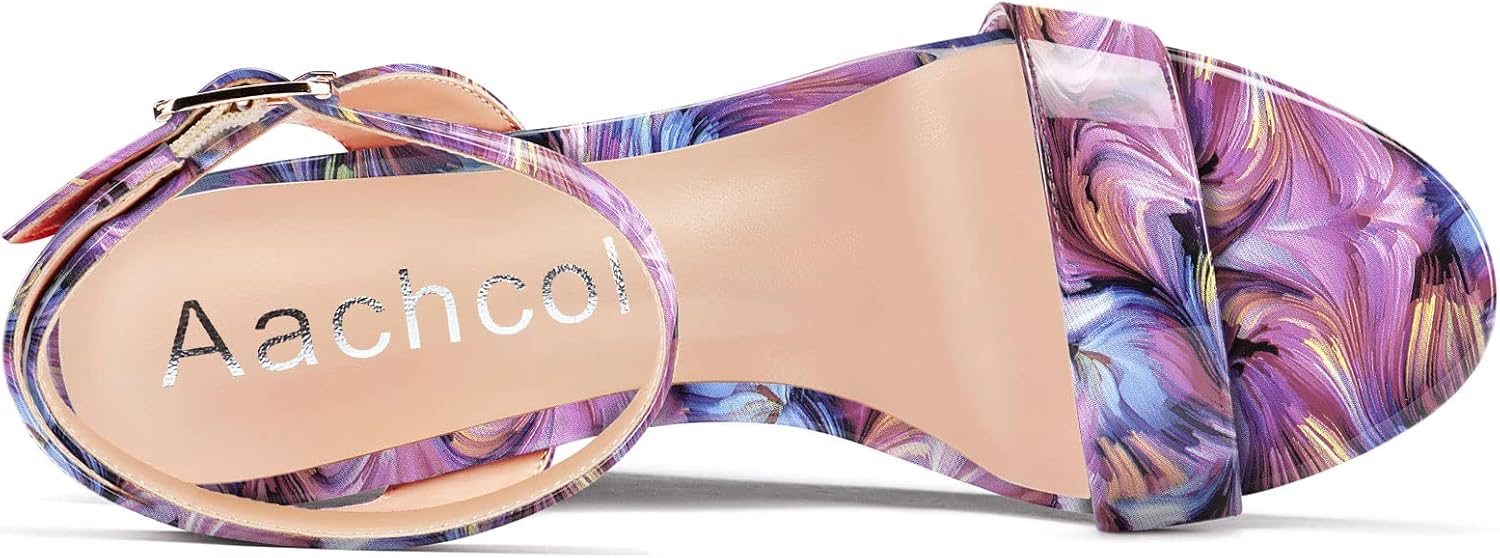 Aachcol Women Platform Wedge Sandals Round Peep Open Toe Ankle Strap Slingback Two-Piece Chunky Block High Heel Dress Shoes Pumps Party Patent 4 Inch - Image 4