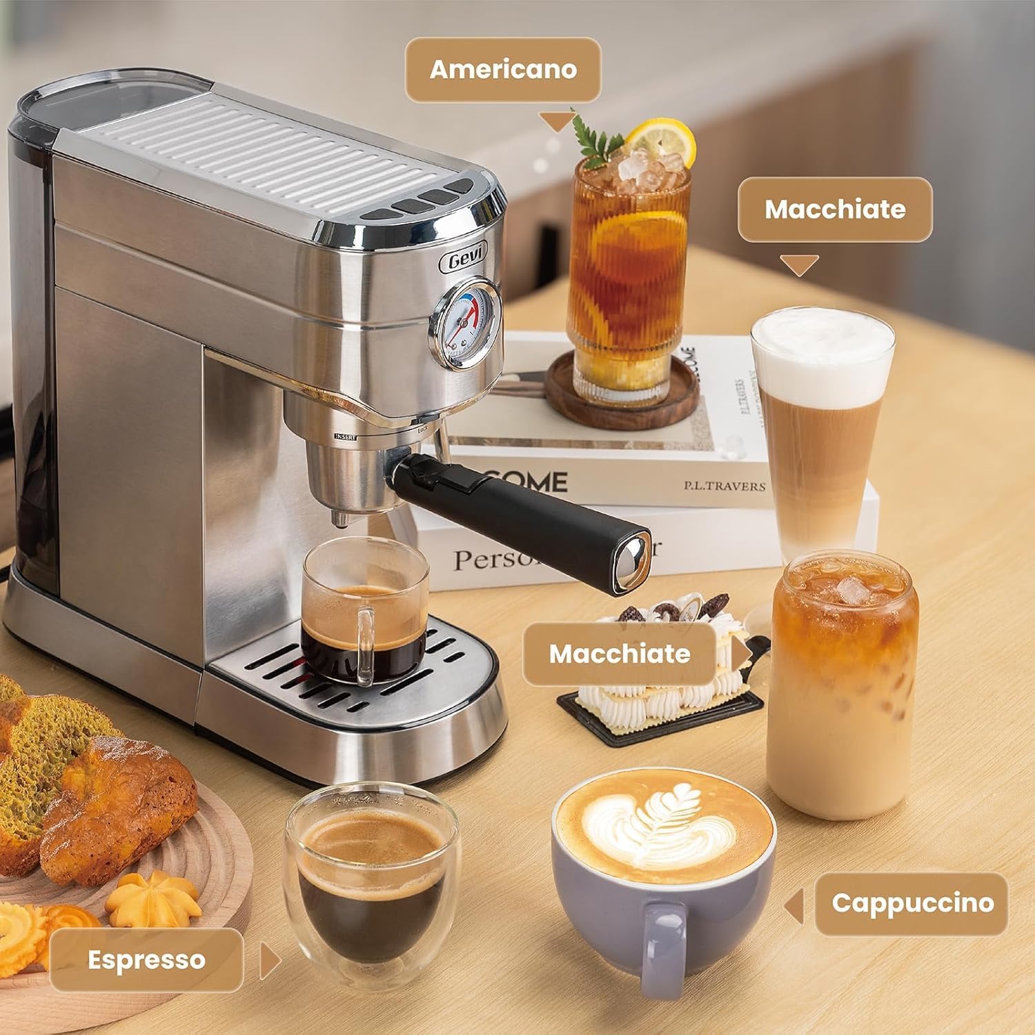 Gevi Espresso Machine displaying various coffee drinks like Espresso, Americano, Macchiato, and Cappuccino.