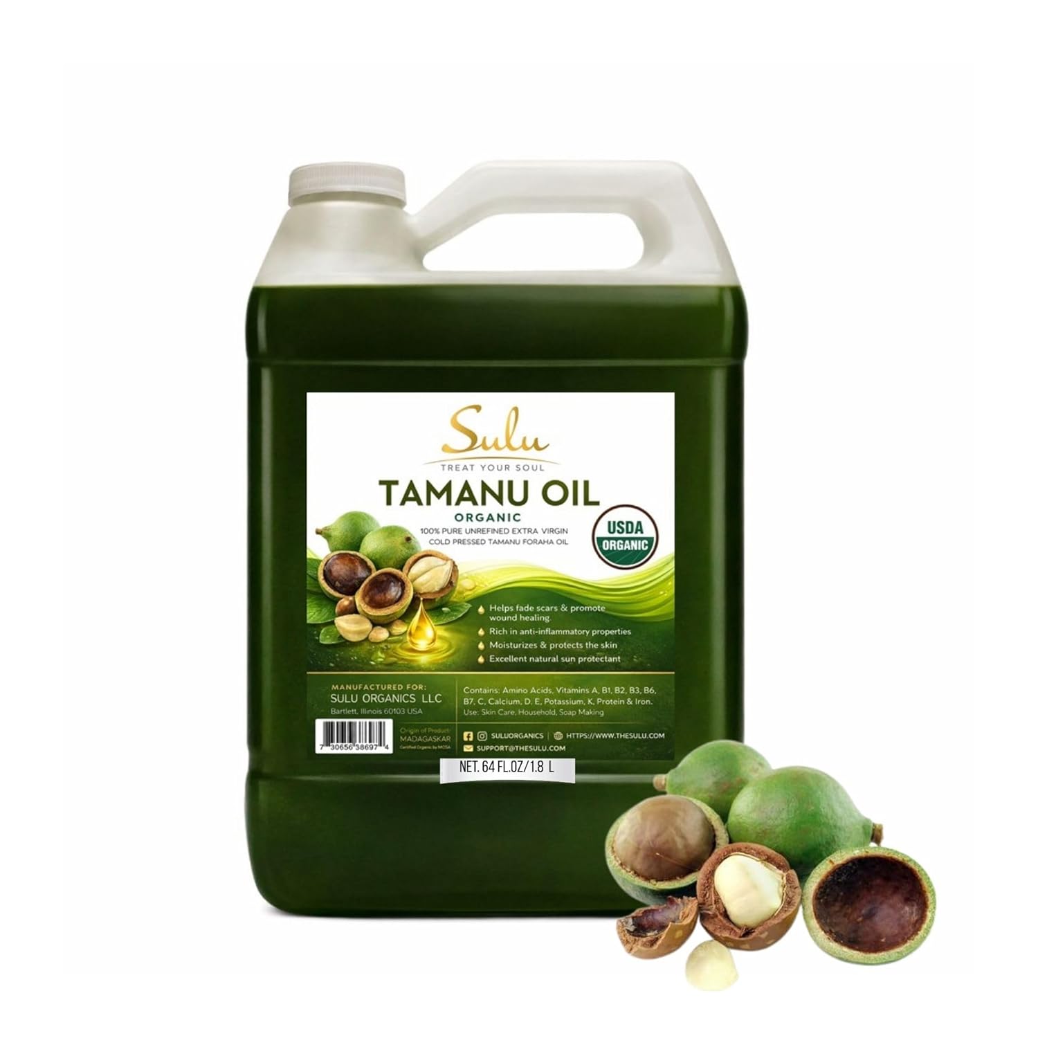 SULU ORGANICS 100% Pure Certified Organic Unrefined Cold Pressed Tamanu Oil 4 LBS (64 FL.OZ)