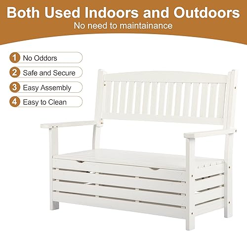 Miniatura 4 de Banco de almacenamiento para exteriores de madera maciza, blanco, 38.2 x 17 x 10 pulgadas