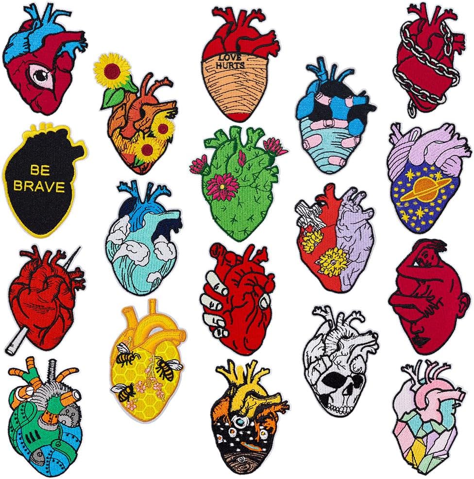 18PCS Anatomical Heart Iron On Patches Punk Gothic Medical Anatomy Lovers Embroidered Human Organ Appliques for Clothes Jackets Backpacks Jeans Vests Trucker Hats Repair DIY Art Crafts