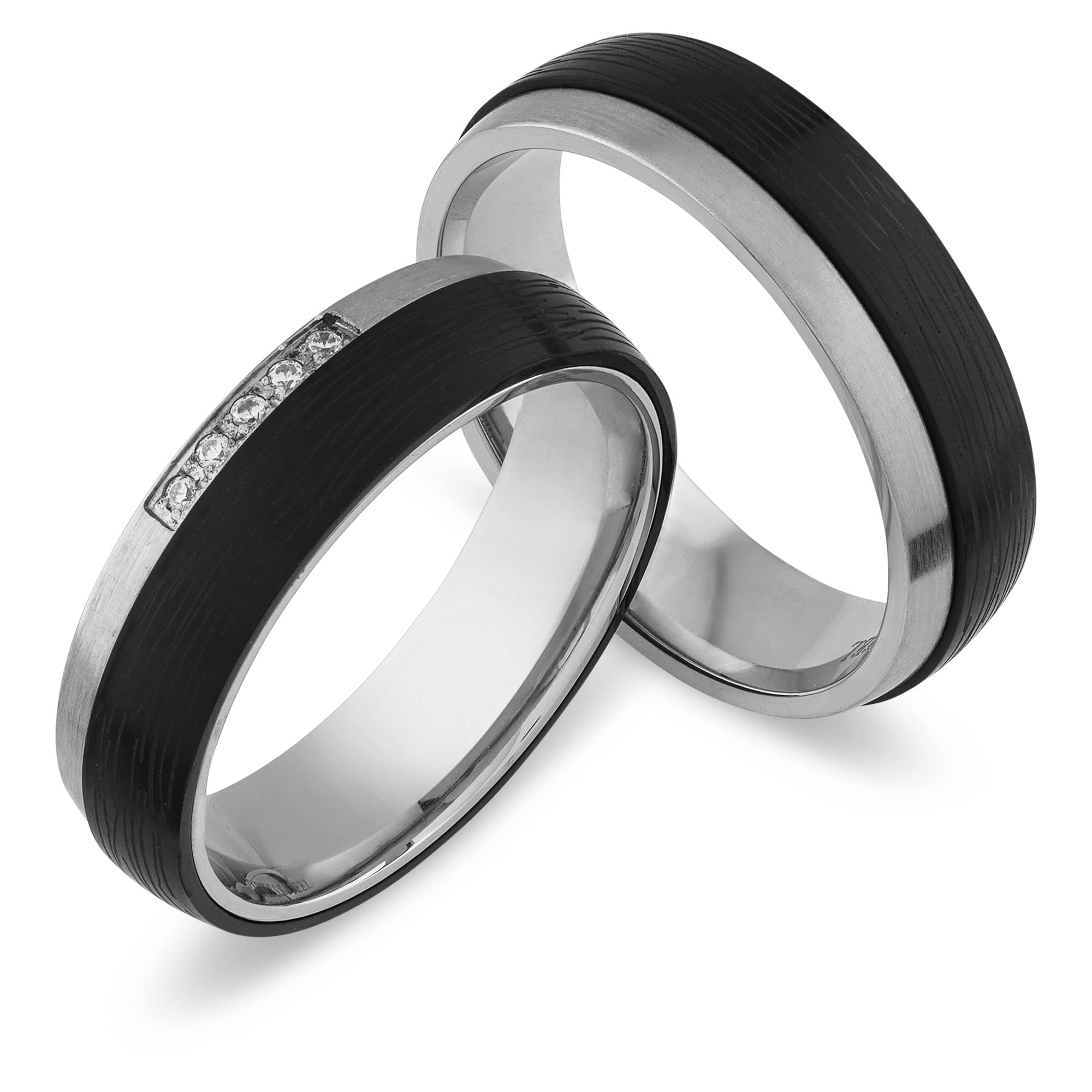 Paar Partnerringe & Eheringe aus Edelstahl – 6 mm Ringpaar mit Zirkonia & Wunschgravur Freundschaftsringe Trauringe oder Verlobungsringe für Sie und Ihn im Etui | SH214