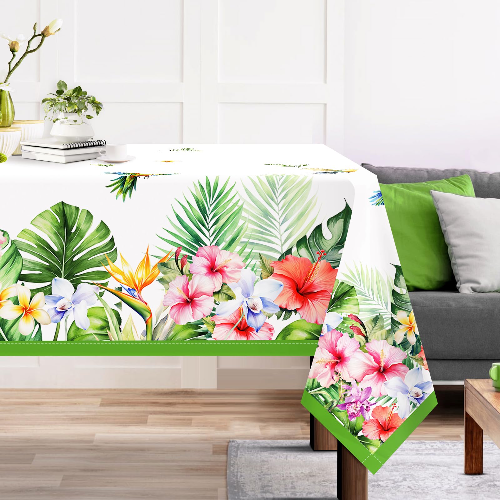 Arquiel Mantel Rectángula Tropical Flores, Manteles Hojas De Palma Verde Mantel Impermeable Antimanchas Poliéster Lavable Duradera para Cocina Comedor Fiestas (140×180cm)