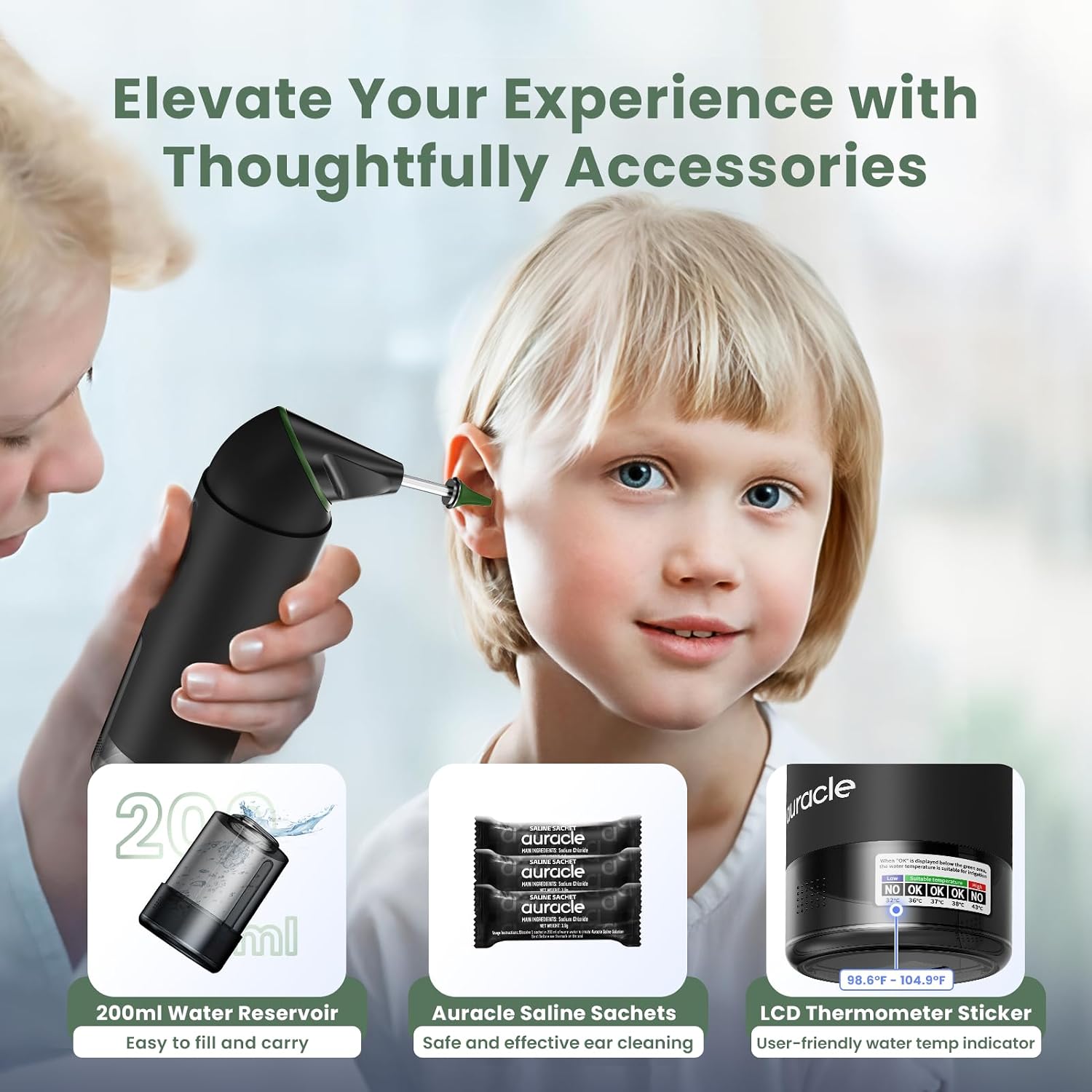 Auracle Ear Wax Removal - Eddy Ear Cleaner, Ear Cleaning Kit with 4 Water Pressure Modes, Safe and Effective Ear Wax Cleaner w/ 8 Irrigation Tips, Electric Ear Irrigator, 55dB Quite, IP65 (Green)