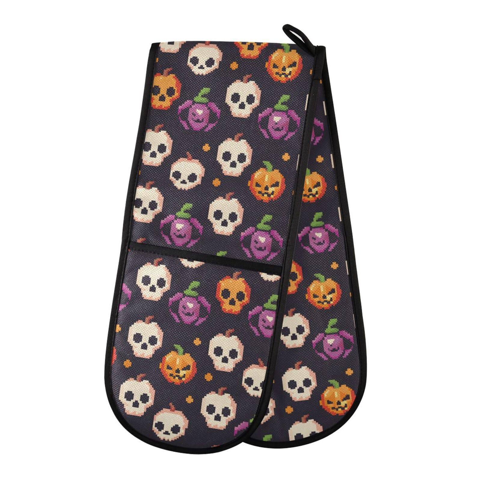 Double Oven Gloves Halloween Skull Pumpkins Pattern Heat Resistant Pot Holder Oven Mitt Gloves for BBQ Cooking Baking Grilling Microwave