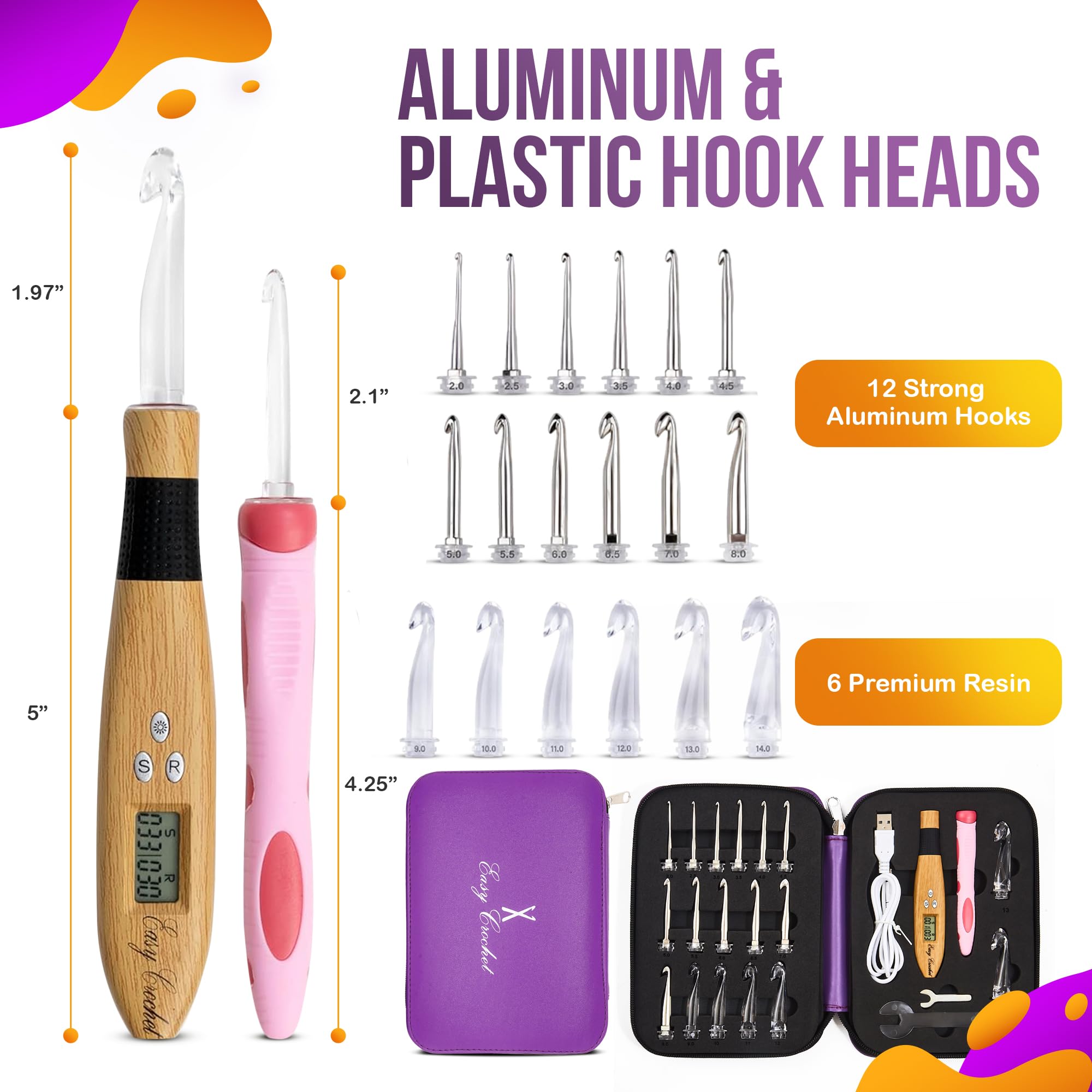 Easy Crochet 18-Piece Lighted Crochet Hook Set, Digital Row & Stitch Counter, Rechargeable LED Handle - Image 2