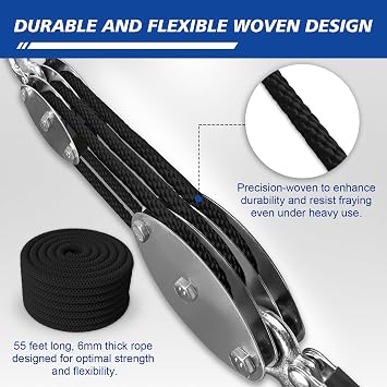 Block and Tackle Pulley System - Upgraded 3 Wheel Rope Hoist, 5:1 Lifting Power, 500kg Workload with 5/8 Rope, Ultra Compact Garage Rope Hoist