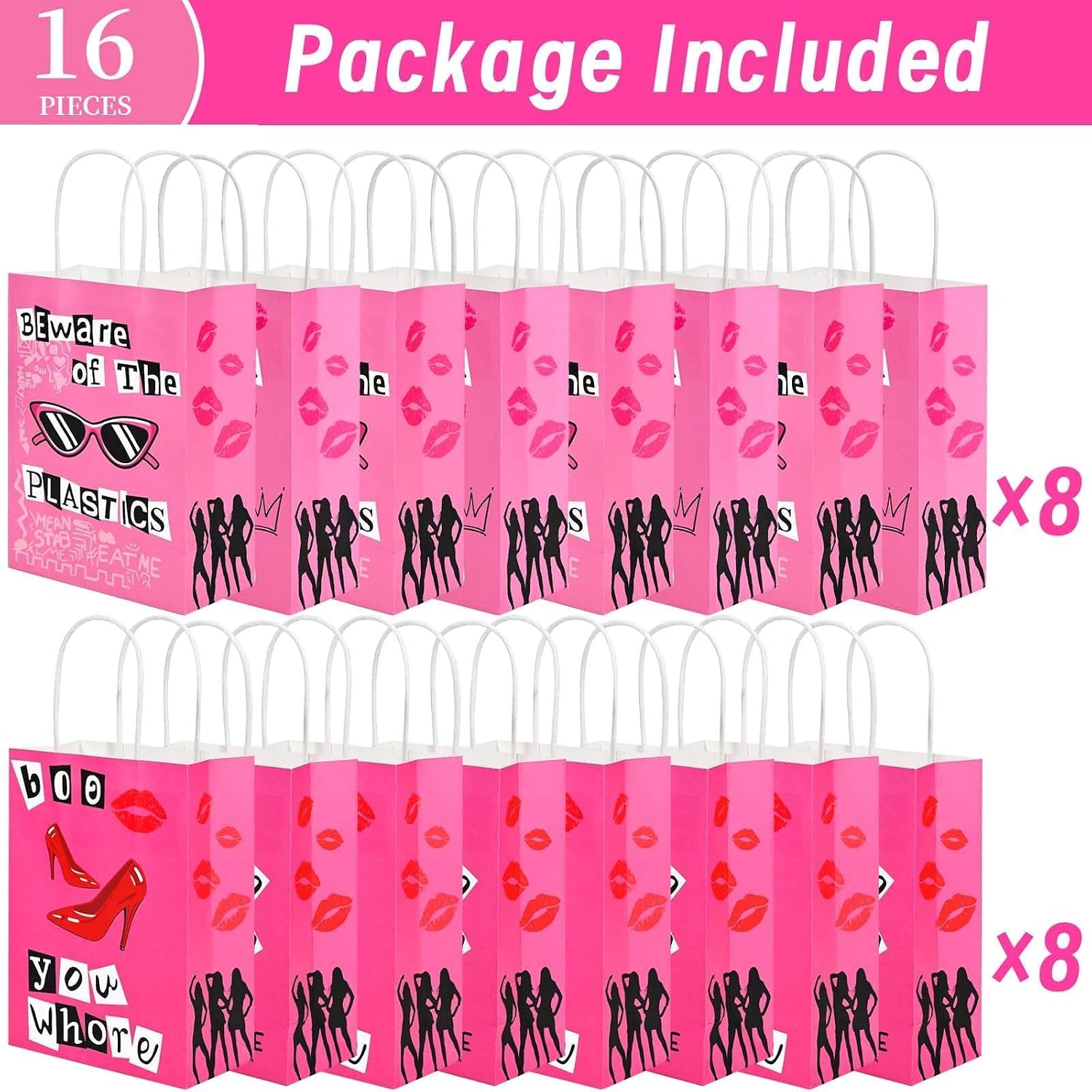 Sanixin 16Pcs Pink Gift Bags Burn Book Hot Pik Lips Candy Snacks Party Favors Bags for Birthday Bridal Shower Bachelorette Party Decorations
