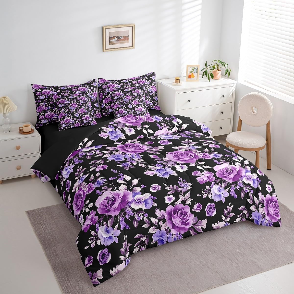 Erosebridal Rose 7 Piece Bedding Set Twin Size Exotic Purple Flower Floral Comforter Set Bedroom Decor Watercolor Botanical Fitted Sheet Vintage Garden Leaf Bed in A Bag Soft Microfiber - Image 3