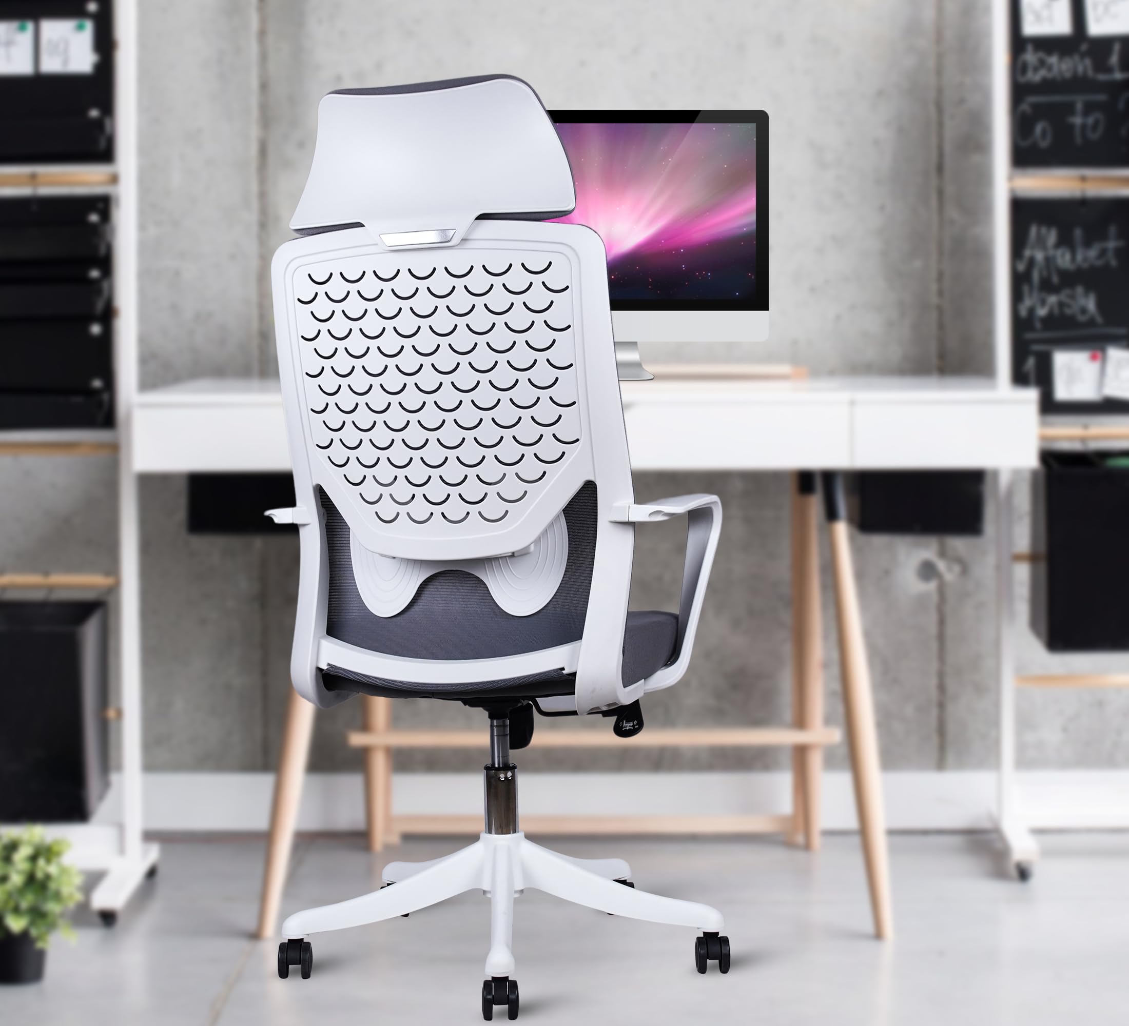 MRC Star Ergonomic Office Chair, Mesh High Back Home Office Computer Chair with Lumbar Support, Fixed Ergonomic Armrests,Tilting Mechanism & Strong Nylon Base (White)