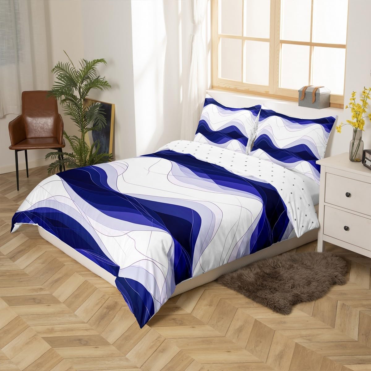 Feelyou Geometric Bedding Duvet Cover Set Queen Size Modern Art Bedding Set for Kids Boys Girls Decor Luxury Comforter Cover Set Microfiber Sea Blue Bedspread Cover,No Comforter, Queen(No Comforter)