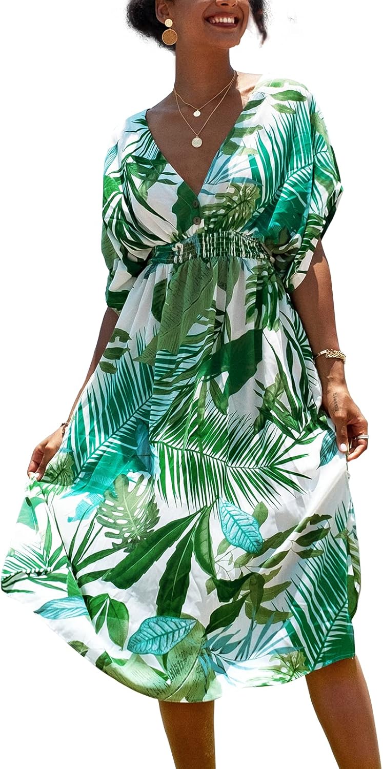 CUPSHE Summer Dress V Neck Smoking Short Sleeve Maxi Long