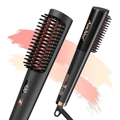 AmoVee Cepillo alisador de cabello, cepillo alisador de cabello de calentamiento rápido de 15 segundos para todo tipo de cabello con cinco ajustes