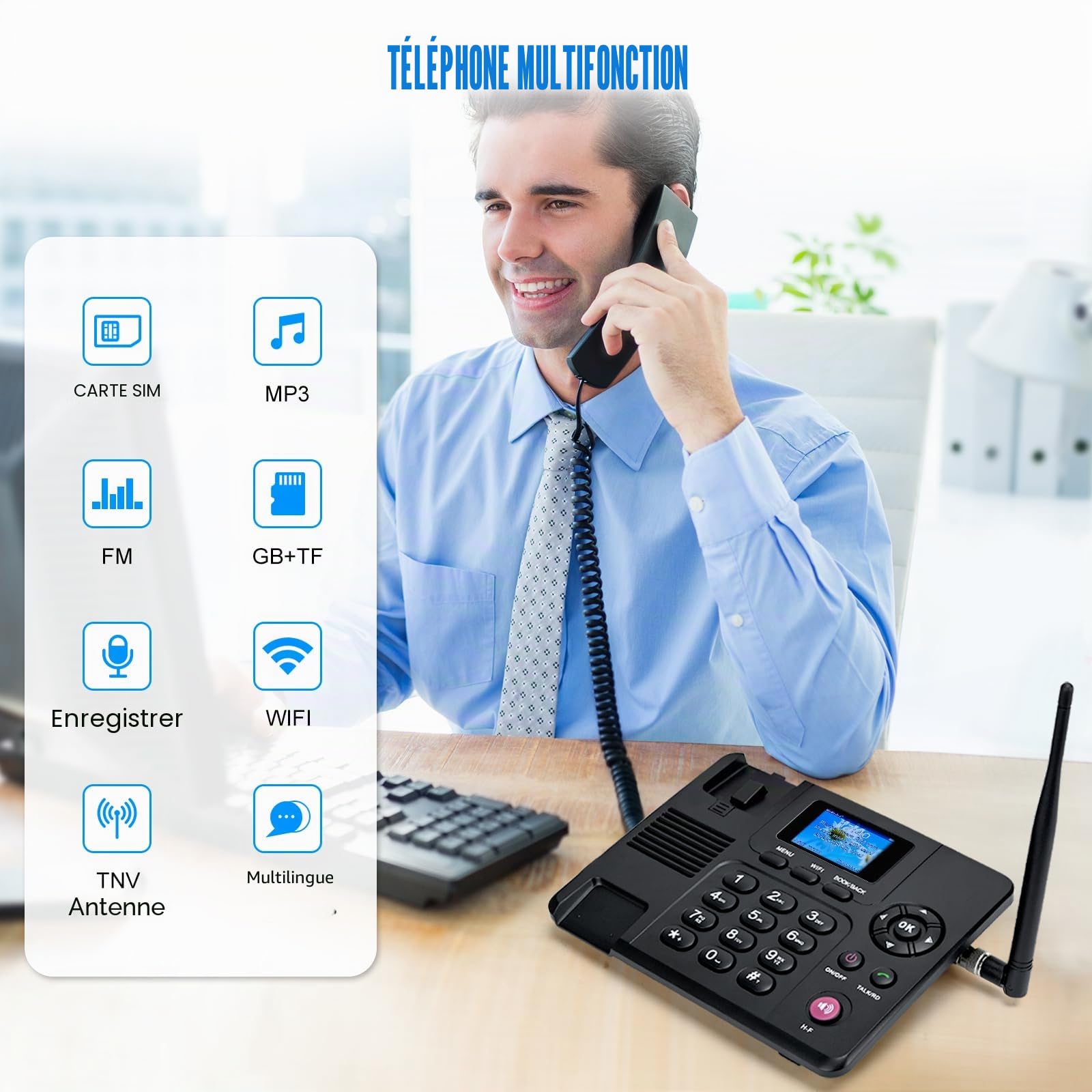 Lychee Téléphone fixe sans fil 2,3,4G – Double SIM, WIFI – Multi-langue, grand écran rétroéclairé couleur – Antenne détachable – Téléphone de bureau pour bureau/hôtel/résidentiel