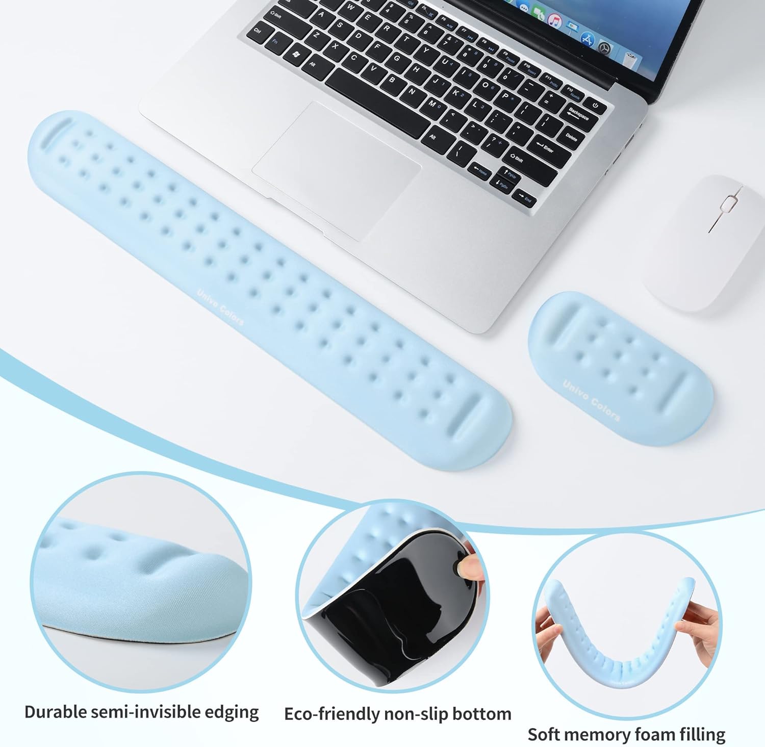UnivoColors Light Blue Keyboard Wrist Support and Mouse Wrist Rest Set, Made of Memory Foam Soft Gel, Ergonomic Pad for Computer, Laptop, Mouse, Office, Gaming
