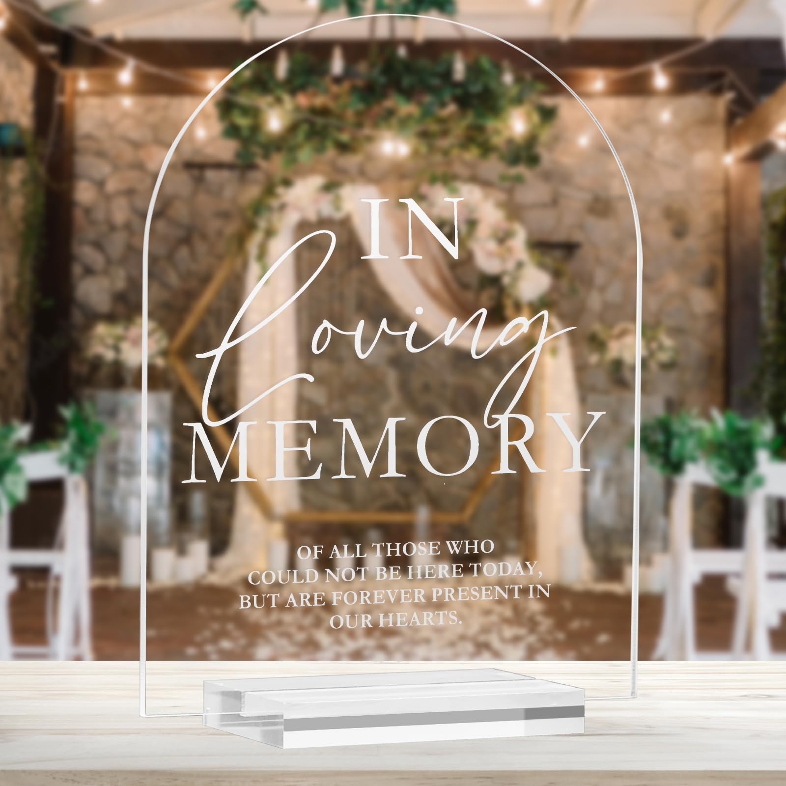 Acrylic Arch In Loving Memory Sign, 8x10 Inch Clear Wedding Cards 1/8" Thick and Stand, Modern Calligraphy White Lettering Arched Acrylic Cards for Wedding (In Loving Memory, 8x10 Inch)