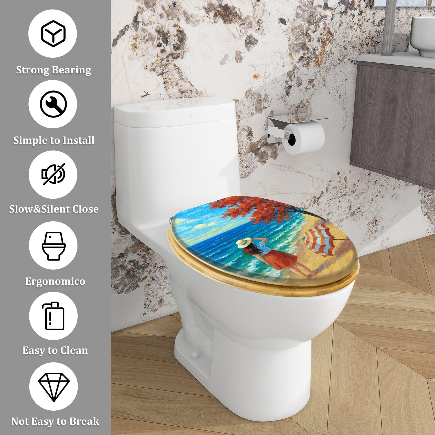 Sedile WC allungato decorativo in legno con copriwater, dipinto a olio con paesaggi marini, cerniere a sgancio rapido e chiusura silenziosa, facile da installare. Accessorio per il bagno.