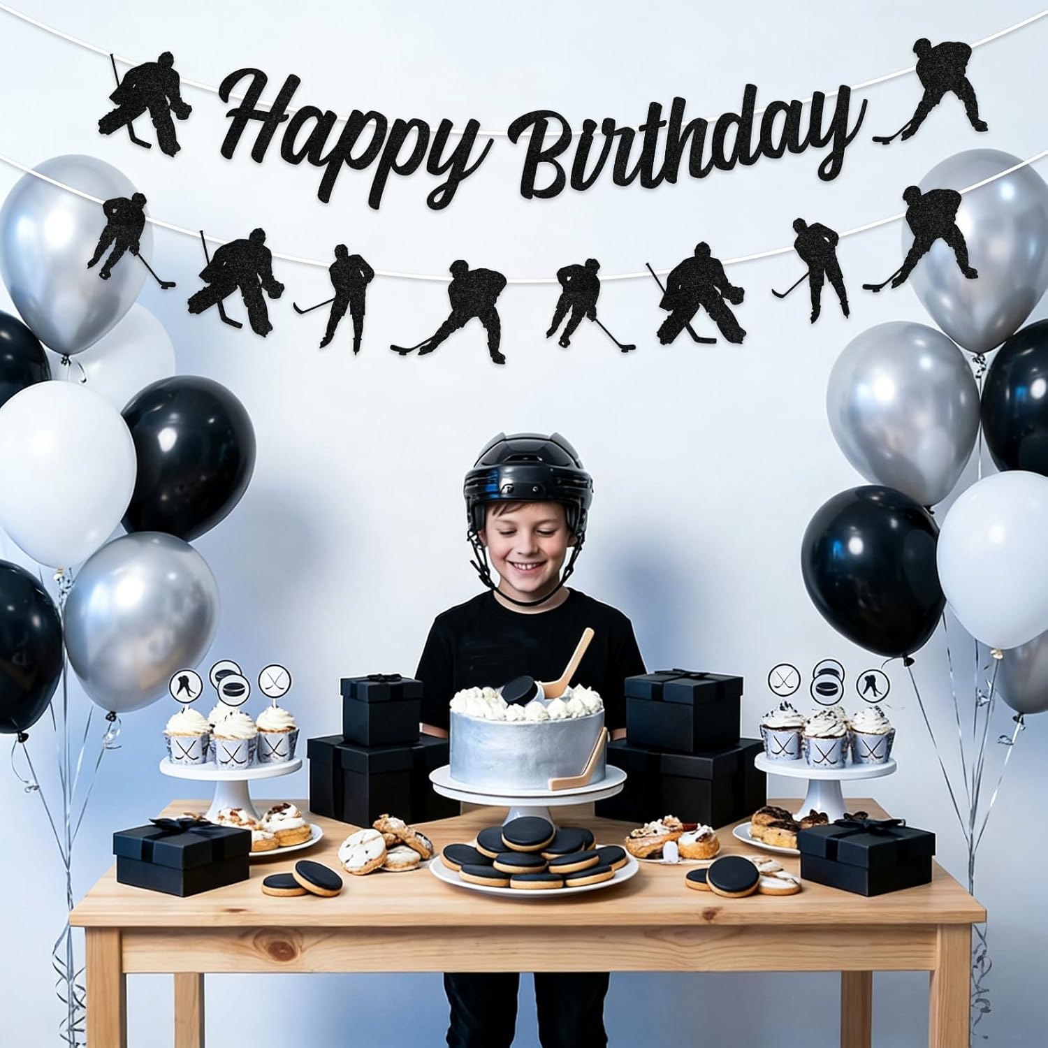 JOYMEMO Hockey Birthday Decorations Set, Ice Hockey Happy Birthday Banner with Black Glitter Player Banner Party Supplies for Boys Girls Men Women