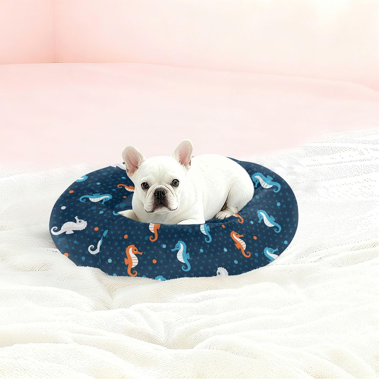 Dots Seahorse Blue Pattern Dog Bed Small Medium Dog Bed Washable Donut Cat Beds Cute Pet Puppy Beds for Dogs Cats Non Slip Soft,M