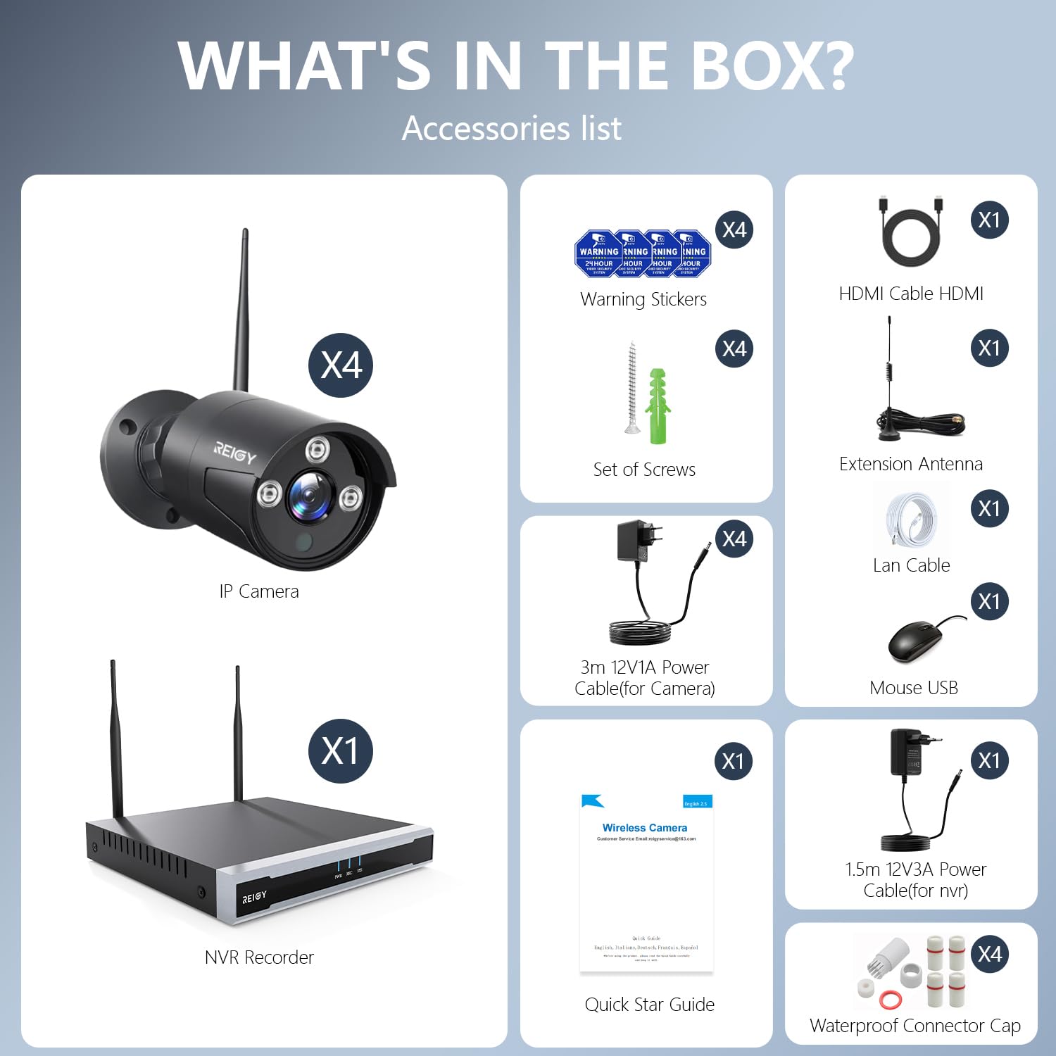 REIGY 3MP Kit Videosorveglianza Wifi Esterno con Registra Audio, Sistema di Sicurezza 16CH NVR+4x 1296P Camera, Telecamera Sorveglianza Wireless Impermeabile Visione Notturna Senza HDD