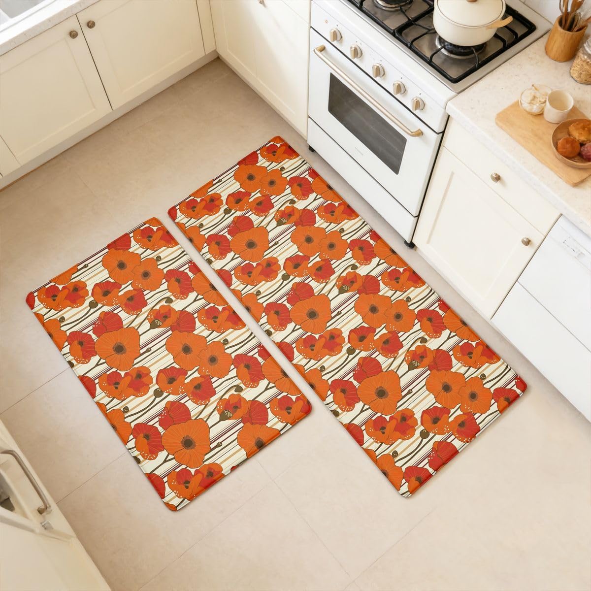 Feelyou Alfombras de cocina de flores para piso, 2 unidades, diseño de flores vintage, lavable, antifatiga, botánica, floral, impermeable, alfombras de cocina, cómoda alfombra de pie para el hogar, fregadero, lavandería, 17.32 x 29.53 + 17.32 x 47.24 pulgadas