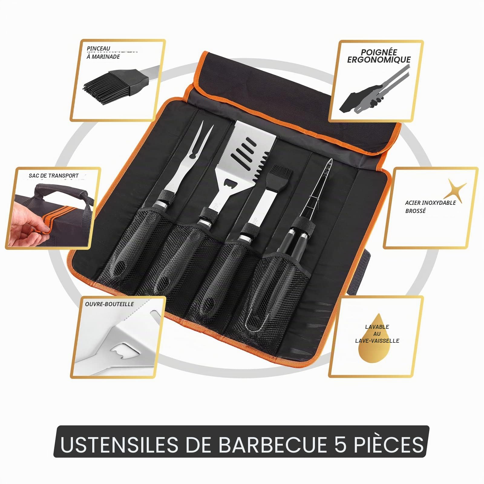 Set 5 ustensiles de Barbecue Pince Fourchette spatule Pinceau Sac BBQ Acier INOX