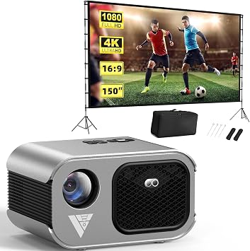 Mini Projector with WiFi and Bluetooth 4K Support Combo 150 inch Projector Screen with Stand