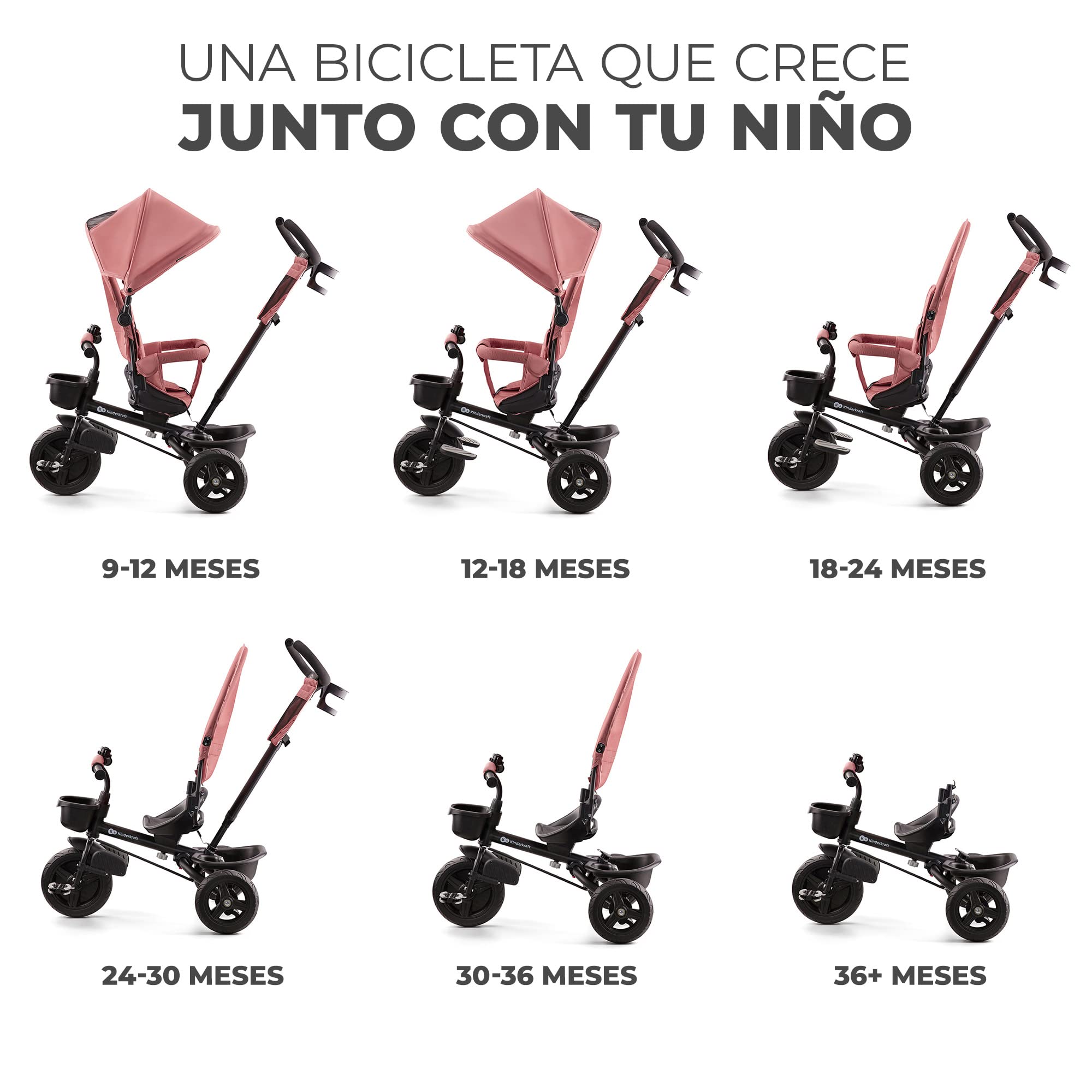 Kinderkraft Aveo Bebé, Plegable, Trike, Bicicleta para Niños, Triciclo Evolutivo, Sin Pedales, Bicicleta Bebe, con Accesorios Práctico, Dos Cestas, 9 Meses a 25 kg, Rosa