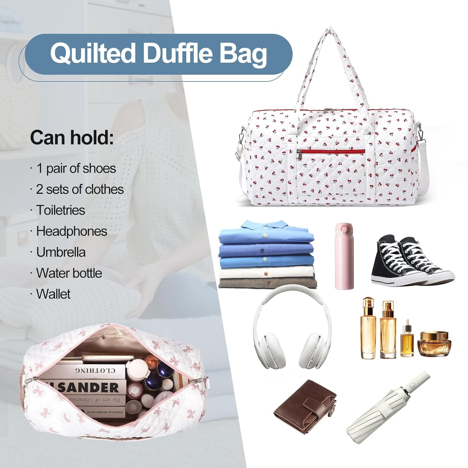 Gym Bag for Women, Cute Duffle Bag, Quilted Duffle Bag for Travel, Floral Duffle Bags, Weekend Bag with Zipper Pocket Dance Bag Organizer