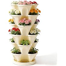 Roixeeds 6 Tier Vertical Garden Planter, Stackable Strawberry Planter with Drainage, Vertical Herb Garden for Indoor Outdoor, Stacking Flower Pot for Vegetables, Beige